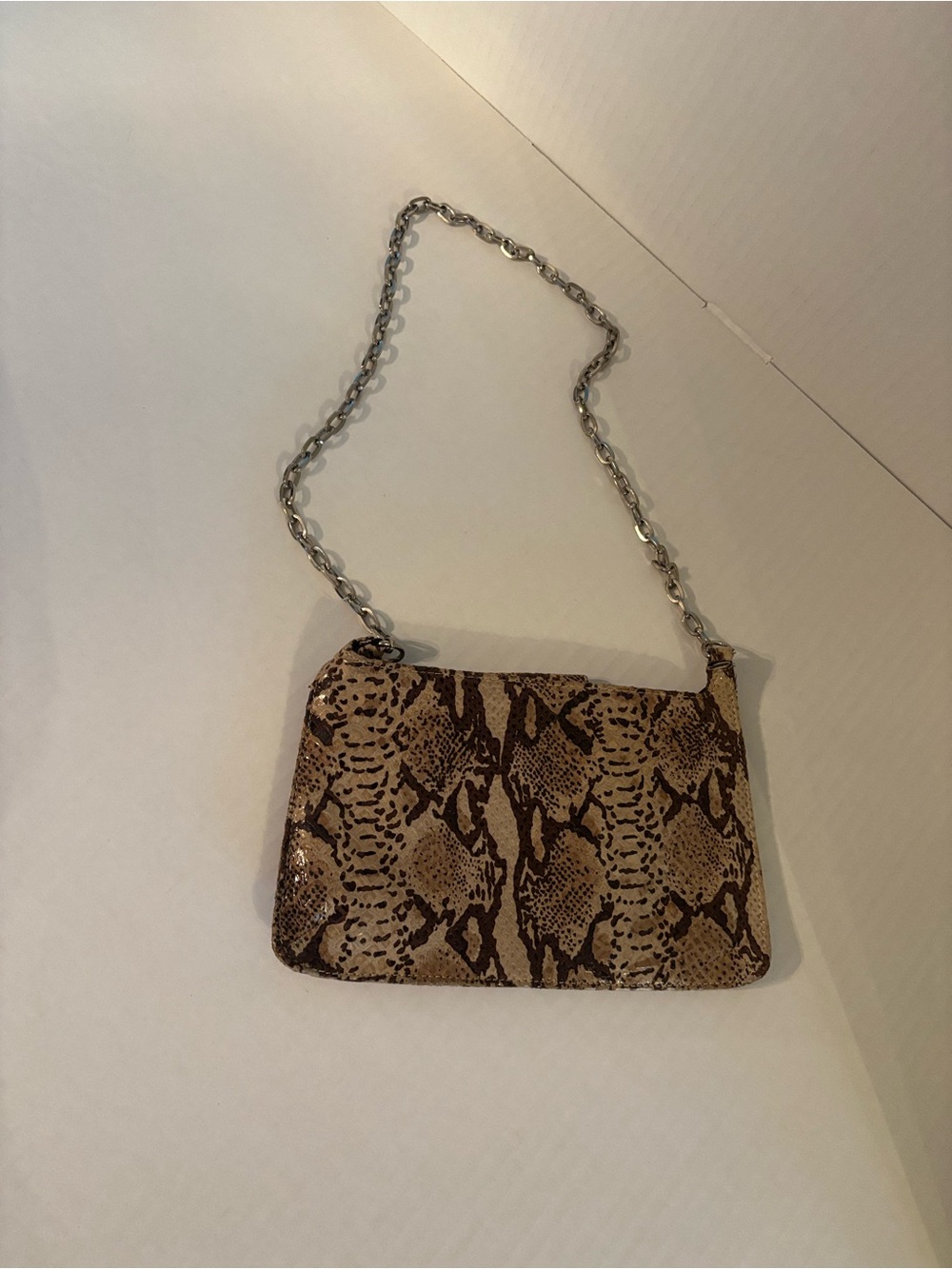 Vintage AL & C Faux SnakePrint Shoulder Bag with Silver Chain Strap - Brown